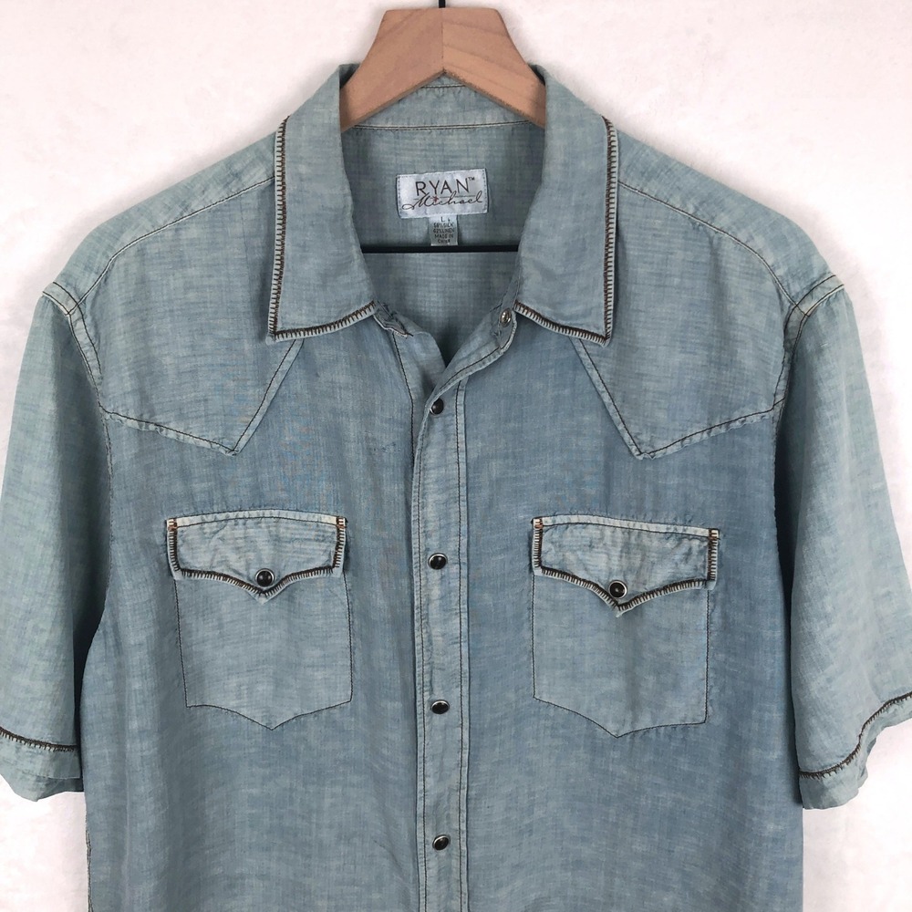 RYAN MICHAEL Silk Linen Western Snap Shirt Men's L Morning Sky Blue S/S - Picture 3 of 14